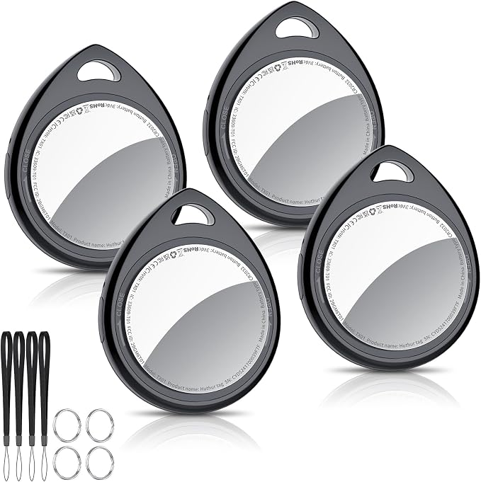 Air Tracker Tags-4 Pack, 5.3 Bluetooth Tracker Work with Apple Find My (iOS Only), 100dB Sound, Smart Tag with Keychain/Lanyard, Item Finder for Luggage/Key/Suitcase, Replaceable Battery, Black.