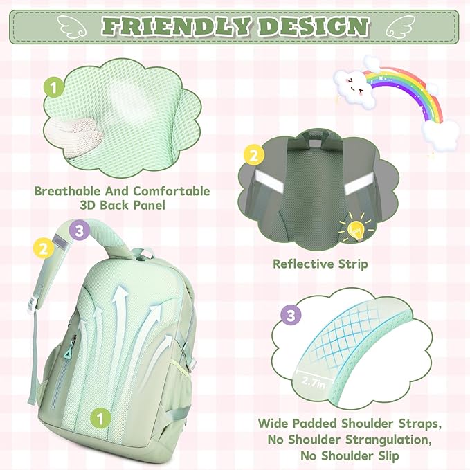 MUSEVOS Girls Backpack, Ideal School Backpack for Girls from Elementary to Teen Years, Kawaii Bookbag Cute Large Capacity, Checkered, Green