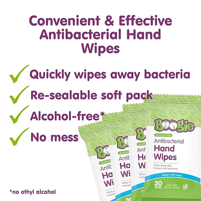 Boogie Antibacterial Hand Wipes - 120 Count - Hypoallergenic & Alcohol-Free - Travel and Diaper Bag Essential