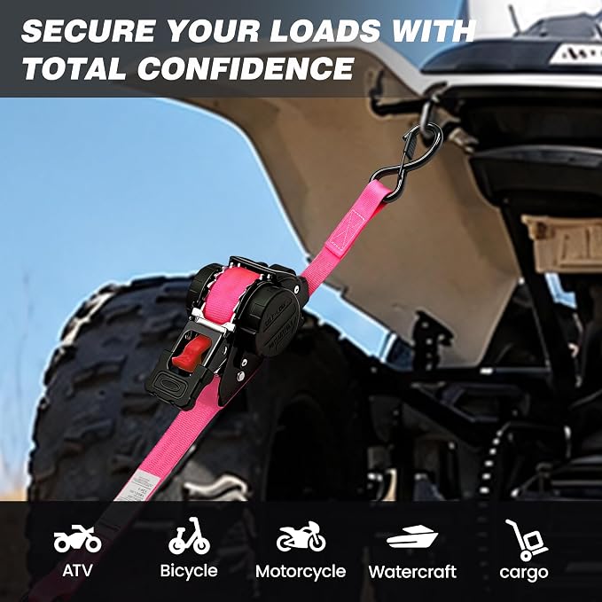 Retractable Ratchet Straps 1" x 13Ft, Heavy Duty Self Retracting Tie Down Straps, 1800lb Break Strength Auto Retract Cargo Straps for Truck, Trailer, Motorcycle, ATV, UTV, (Pink, 4 Pack)