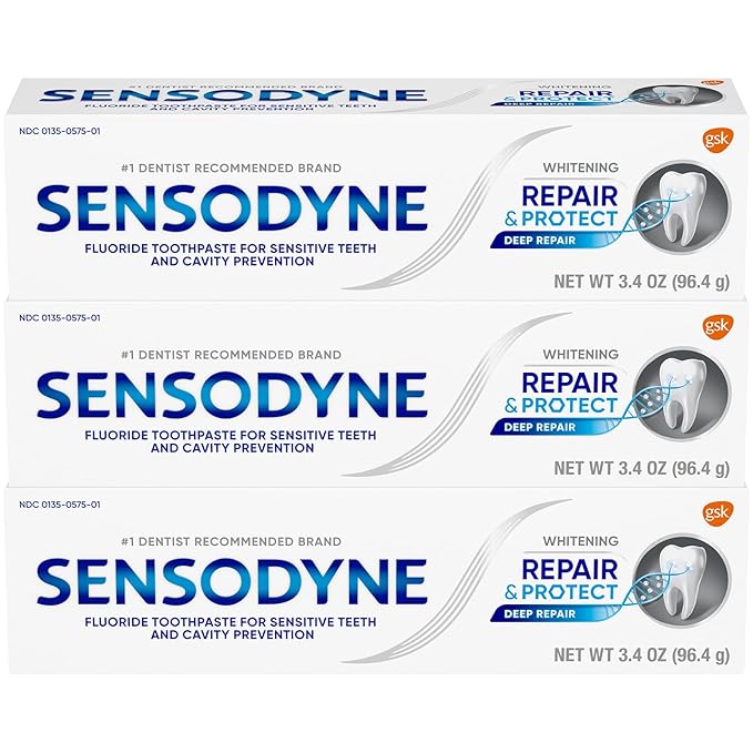 Sensodyne Repair and Protect Whitening Toothpaste, Toothpaste for Sensitive Teeth and Cavity Prevention, 3.4 oz (Pack of 3)