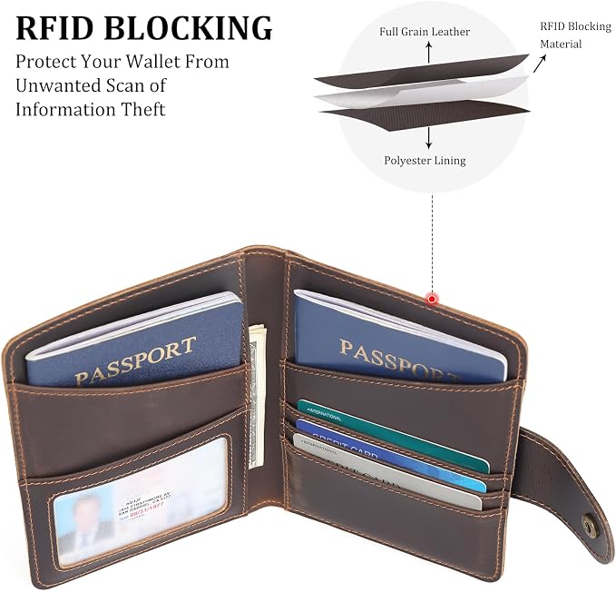 Polare Full Grain Leather Slim and Soft RFID Blocking wallet For Men Snap Bifold Travel Wallet Passport Holders 2 Passports (Dark Brown with AirTag Slot)