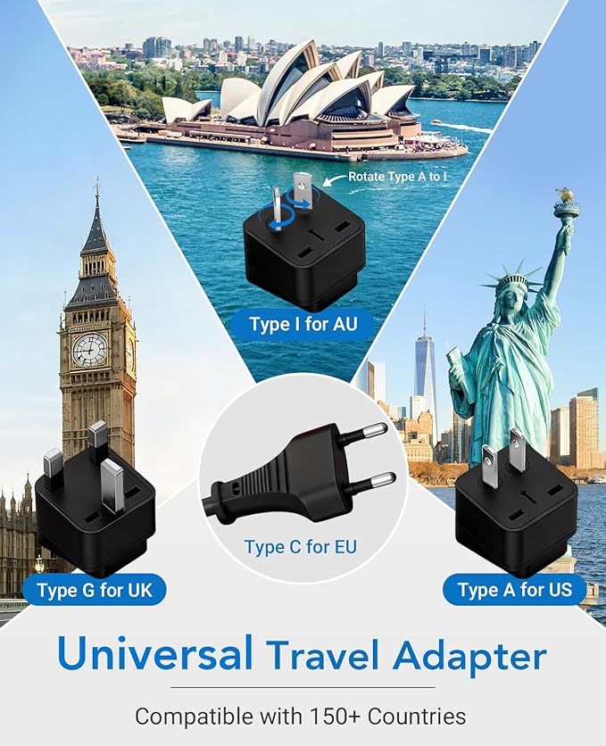 BESTEK Universal Travel Adapter 220V to 110V Voltage Converter with 6A 4-Port USB Charging and UK/AU/US/EU Worldwide Plug Adapter (Black)