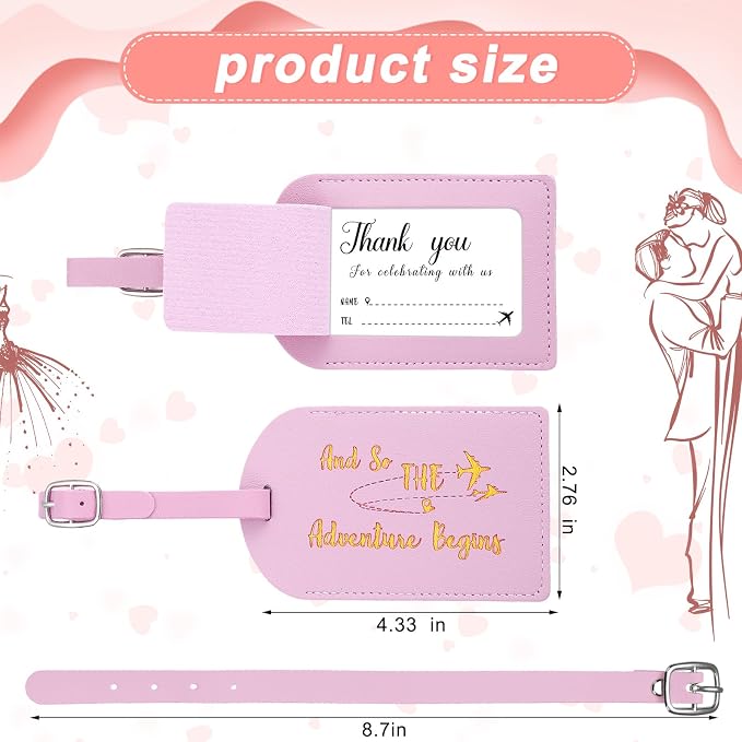 Sweetude 48 Sets Bulk Luggage Tags Wedding Favors and So The Adventure Begins Leather Luggage Tags for Suitcases with Name Card for Travel Themed Bridal Shower Graduation Party Favor(Pink)