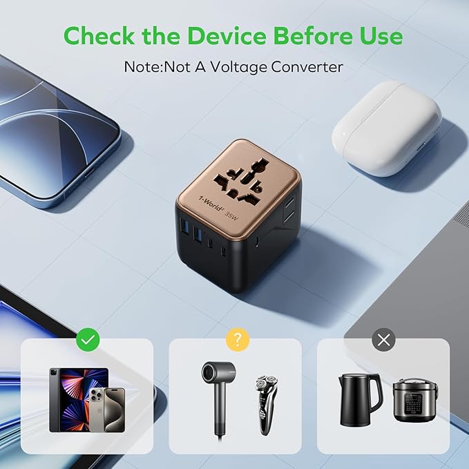 MOMAX Universal Travel Adapter 7-in-1, All-in-one European Travel Plug Adapter with 3 USB-C PD & 2 USB-A QC & 2AC, International Power Adapter Outlet for Travel UK/EU/AUS/JP, Travel Essentials(Gold)