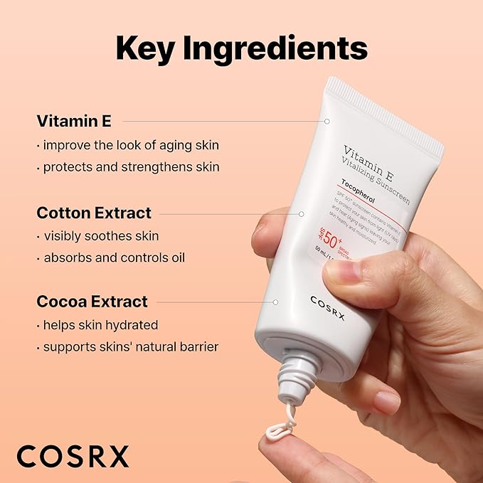COSRX Vitamin E Vitalizing Sunscreen,SPF 50 Face Sunscreen, Lightweight, Non-Sticky, No White Cast, Hydrating, Beach Essentials, Travel Essentials, Korean Skincare, Mothers Day Gift for Mom1.69 fl oz