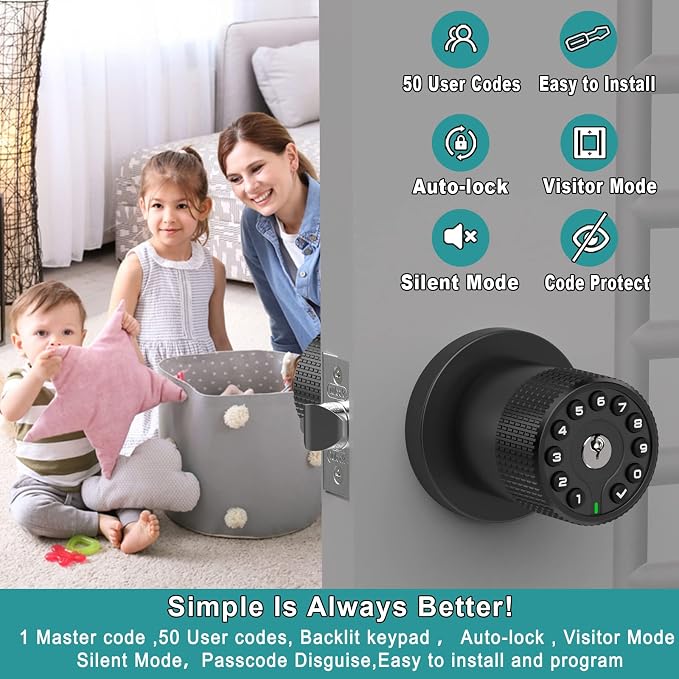BOTHSTAR Keypad Door Knob with Key,Keyless Entry Door Lock, Code Locks Door Knob, Auto Lock,50 User Code, for Home,Office,Hotel,Bedroom,Garage,Not Deadbolt