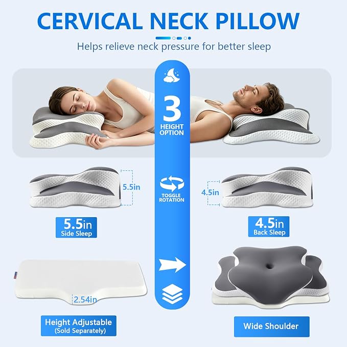 Ergo Pillow for Sleep Apnea, Neck Pain, and Snoring Relief | Cervical Neck Pillow for Neck Pain Relief & Side Sleeper | Orthopedic Memory Foam with Ergonomic Neck Support, Gray, Standard
