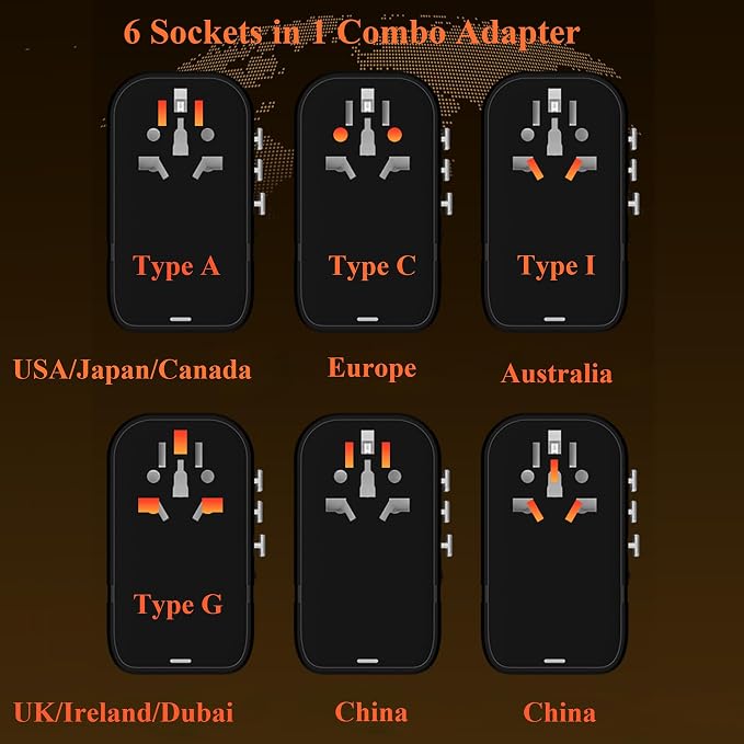220V to 110V Voltage Converter,US to Europe Travel Converters,Universal International Travel Power Adapter with 2 Type C and 2 USB A Port,DC PD20W & QC 18W, Multi-Plug USA/UK/EU/AUS/China Converter