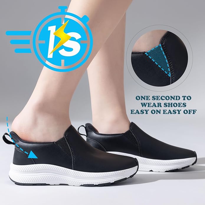 ZOVE Wide Toe Box Shoes Women Wide Width Waterproof Leather Hands Free Nursing Sneakers Ultra Light Extra Wide Walking Sneakers Non-Slip Chef Diabetes Nurse Work Shoes