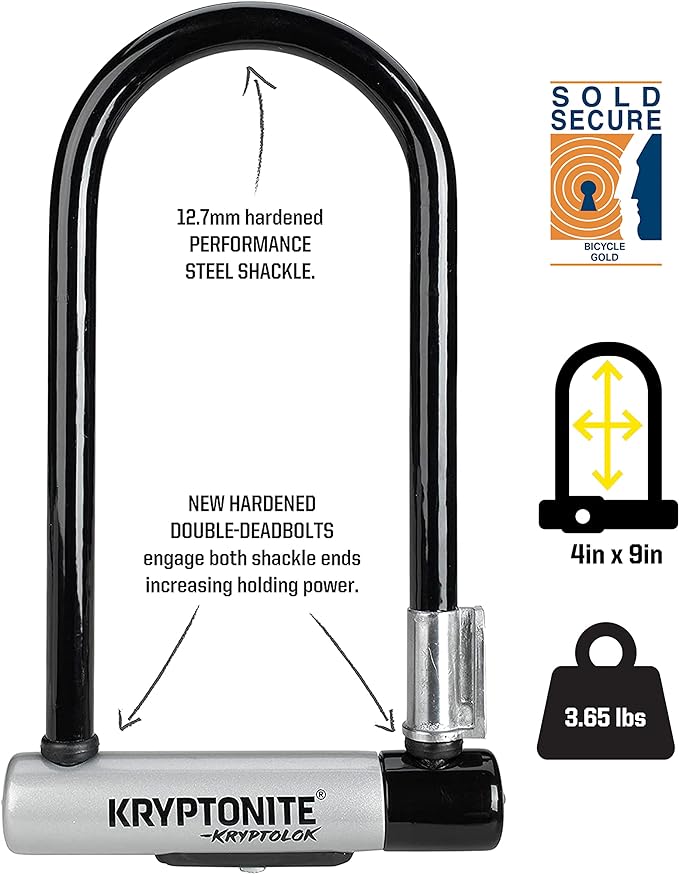 Kryptonite Kryptolok Standard Bike U-Lock with Cable, Heavy Duty Anti-Theft Bicycle U Lock, 12.7mm Shackle and 10mm x 4ft Length Security Cable with Mounting Bracket and Keys | bike-locks