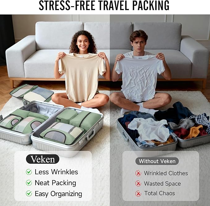 Veken 8 Set Packing Cubes for Travel Essentials, Suitcase Organizer Bags in 4 Sizes, Carry-On Luggage Accessories with Large Laundry Bag & Passport Holder, Must-Have for Airplane, Road Trip & Camping