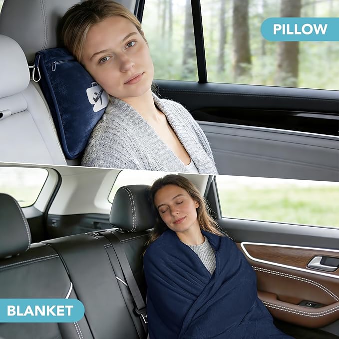 SINLAND Travel Pillow and Blanket 2-in-1 Set,Airplane Packable Bag,Soft and Lightweight Plane Flight Car Trips Travel Essentials Gift,Hand Luggage Sleeve and Backpack Clip,60x51 Inch NavyBlue