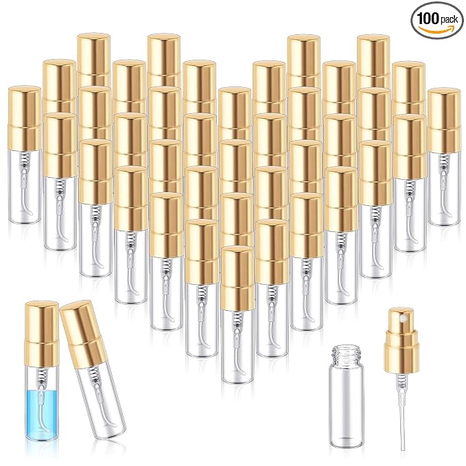 Zhehao 100 Pcs Mini Spray Bottles 3 ml Clear Glass Perfume Bottles Refillable Fine Mist Perfume Atomizer Portable Empty Sample Containers for Cleaning, Essential Oils, Travel (Gold Cap)