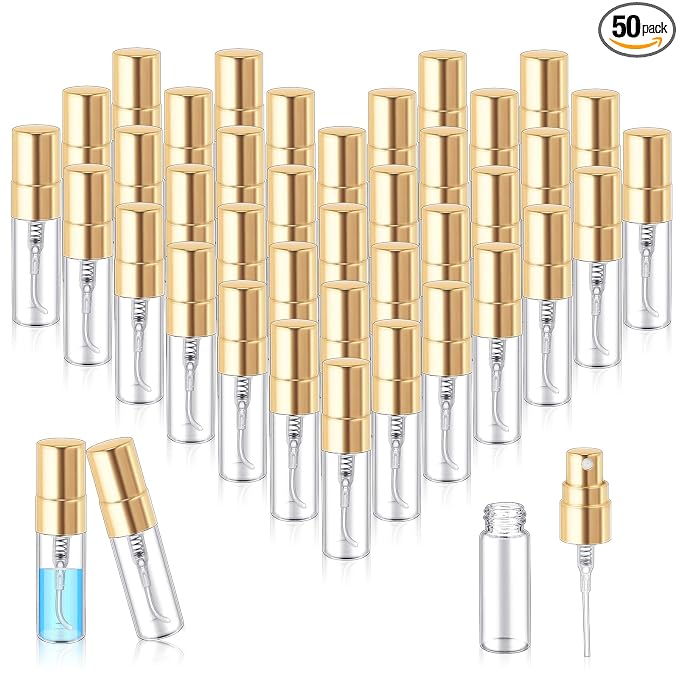Zhehao 50 Pcs Mini Spray Bottles 3 ml Clear Glass Perfume Bottles Refillable Fine Mist Perfume Atomizer Portable Empty Sample Containers for Cleaning, Essential Oils, Travel (Gold Cap)