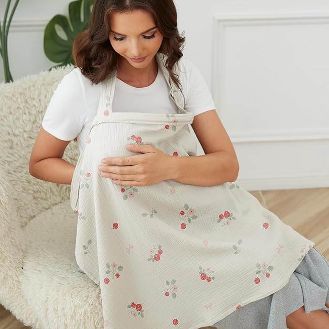 Muslin Nursing Cover for Baby Breastfeeding, Breathable 100% Cotton Breastfeeding Cover with Rigid Hoop for Mother Nursing Apron (Strawberry Whisper)