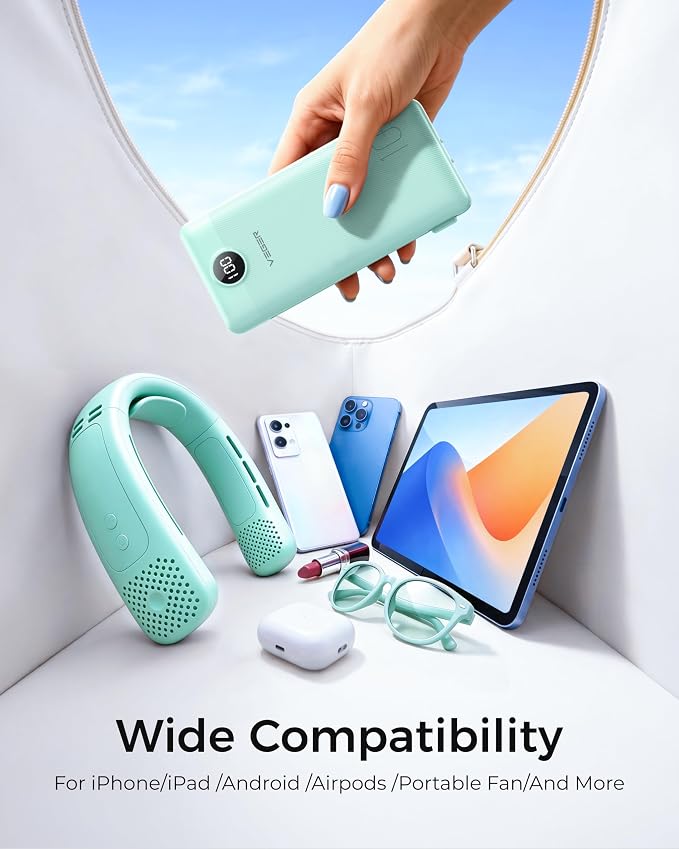VEGER Portable Charger with Built-in AC Plug and Cables, All in One 10000mAh Ultra Slim Power Bank Emergency Fast Charging for Travel Battery Pack Compatible with iPhone, Samsung, Android, Green