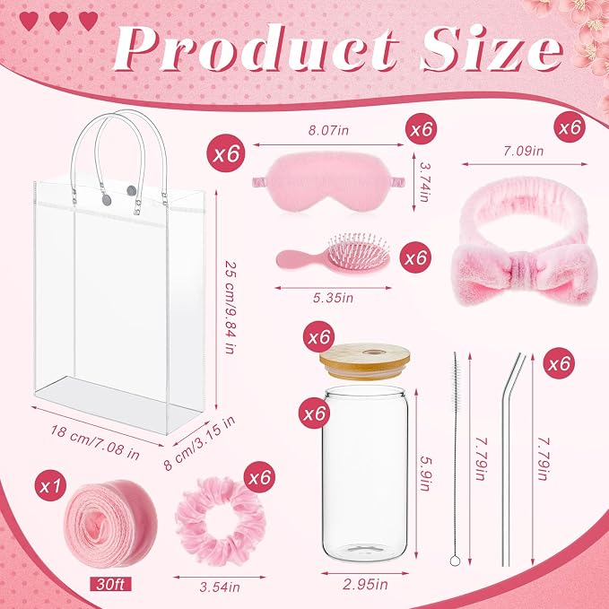 37 Pcs Spa Sleepover Party Supplies for Girls, 6 Set Spa Party Favors, Include Cups, Hairbands, Sleep Eye Mask, Headband, Brush, Tote Bags with Ribbon for Pink Sleepover Birthday Favors