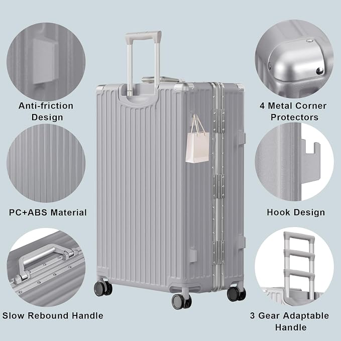 AnyZip Luggage PC+ABS Aluminum Frame Zipperless Checked Luggage Hard Shell Suitcase with TSA Lock Double Spinner Wheels 24 Inch Silver