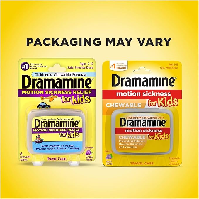 Dramamine Motion Sickness Relief for Kids, Children’s Chewable Tablets, Grape Flavor, Prevents Nausea Dizziness Vomiting, Travel Case Included, Fast Acting, 8 Count (Pack of 2)