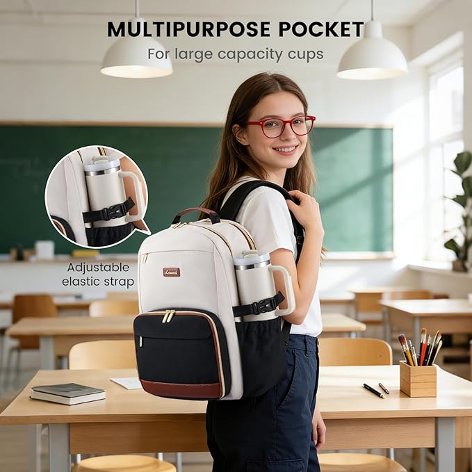 LOVEVOOK Lunch Backpack with Lunch Compartment,15.6 Inch Laptop Work Travel Insulated Cooler Backpack, Waterproof College Teacher Lunch Bag Box with Tumbler Holder,Gifts for Men Women,Beige-Pink-Brown