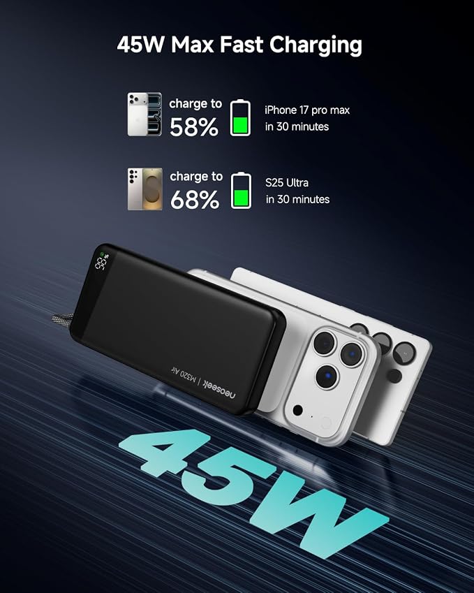Ultra-Thin 20,000mAh Power Bank, 45W Max Fast Charging Battery Pack, Built-in USB-C Cable for iPhone 17/16 Series, Galaxy, MacBook, and More