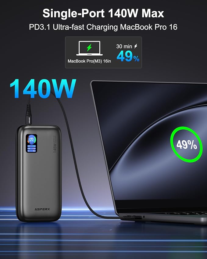 AsperX Laptop Power Bank, 25,000mAh(5S1P) 140W PD 3.1 Fast Charging Portable Charger, TFT Smart Display USB C Battery Pack(92.5Wh) for MacBook/iPhone 17/Dell XPS/Galaxy S25/ipad/HP (Flight-Approved)