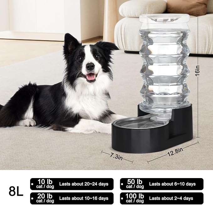 RIZZARI Black 8L Gravity Dog Water Dispenser– Ion Exchange & Carbon Filter | Urinary Health, Auto-Refill with No Pump, Spill Resistant, for Multi-Pet Homes, BPA-Free, Easy-Clean
