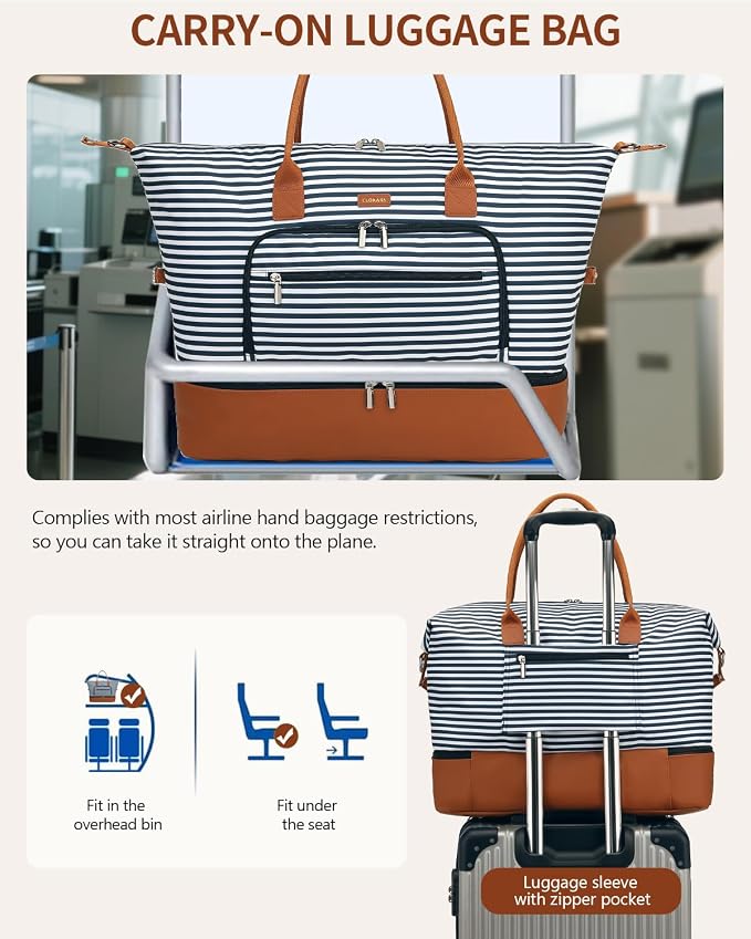 Weekender Bags for Women Travel, Under Seat Carry On Bags for Airplanes Overnight Bag with Shoe Compartment Luggage Sleeve, Foldie Travel Tote Bag Hospital Bag, Travel Gifts, Blue Strip