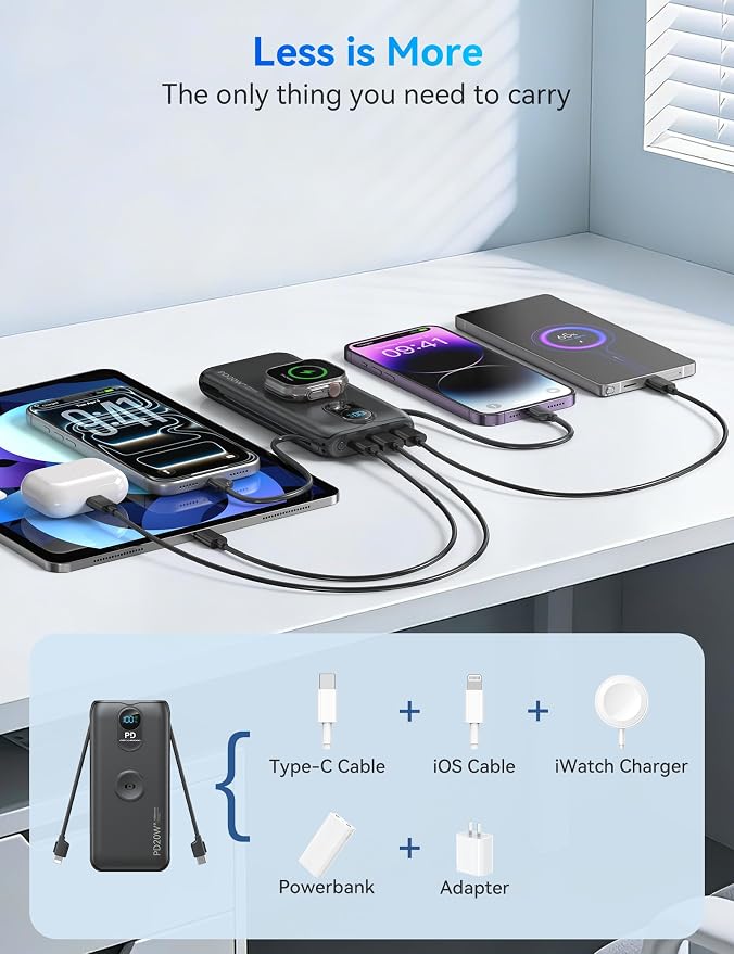 Portable Charger, 10000mAh 20W Fast Charging Power Bank with Built in Cables & AC Wall Plug & LED Display, Travel Essentials Battery Pack Powerbank for iPhone, iPad, iWatch, Samsung, Black