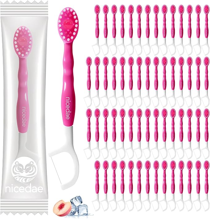 Disposable Mini Travel Toothbrush Bulk with Toothpaste 5in1 60Ct Portable Toothbrushes Set Floss Pick Tongue Scraper Cruise and Travel Essentials (Pink)
