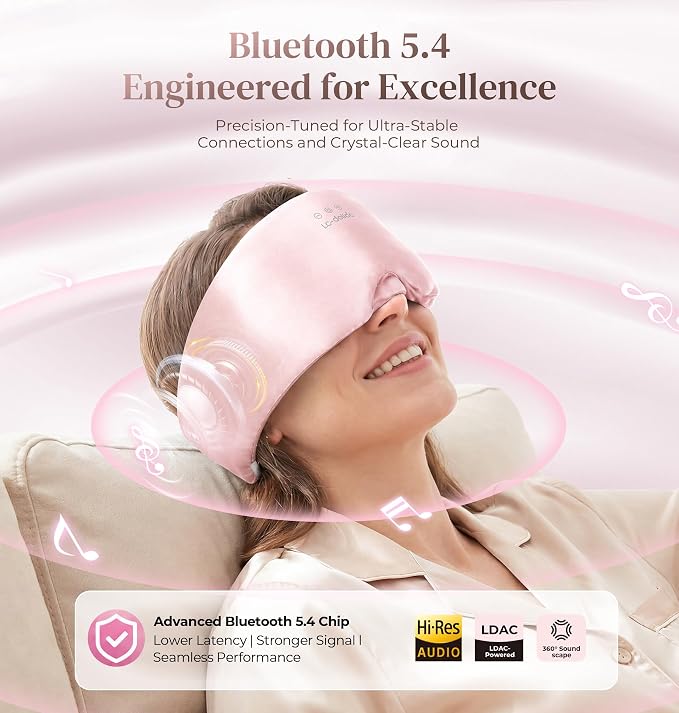 LC-dolida 3D Silk Bluetooth Sleep Mask, Mulberry Silk Sleep Mask with Bluetooth Headphones, Bluetooth Eye Sleep Mask for Side Sleepers, Total Blackout Bluetooth Eye Mask for Women Men, Pink