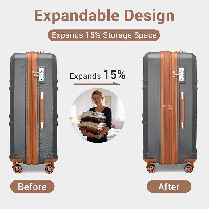 Kono 28 Inch Luggage Expandable Suitcase with Spinner Wheels TSA Lock Lightweight PC+ABS Hardside Large Checked Luggage Durable Rolling Suitcase Apricot Grey