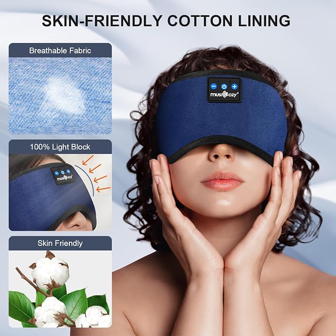 MUSICOZY Sleep Headphones, Bluetooth 5.4 Sleep Mask Headband Headphones Sleeping Eye Mask, Wireless Music Earbuds Earphones with HD Stereo Speakers Cool Gadgets Gifts (Midnight Blue)