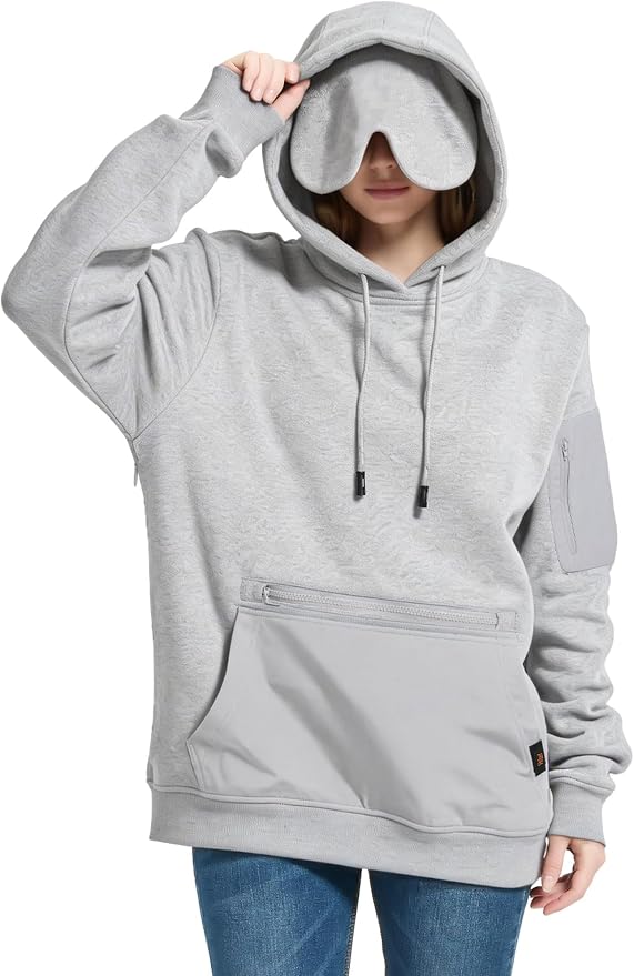Travel Hoodie with Built-In Eye Mask for Airplane Travel Breathable Comfort Pullover Sweatshirt Multiple Pockets