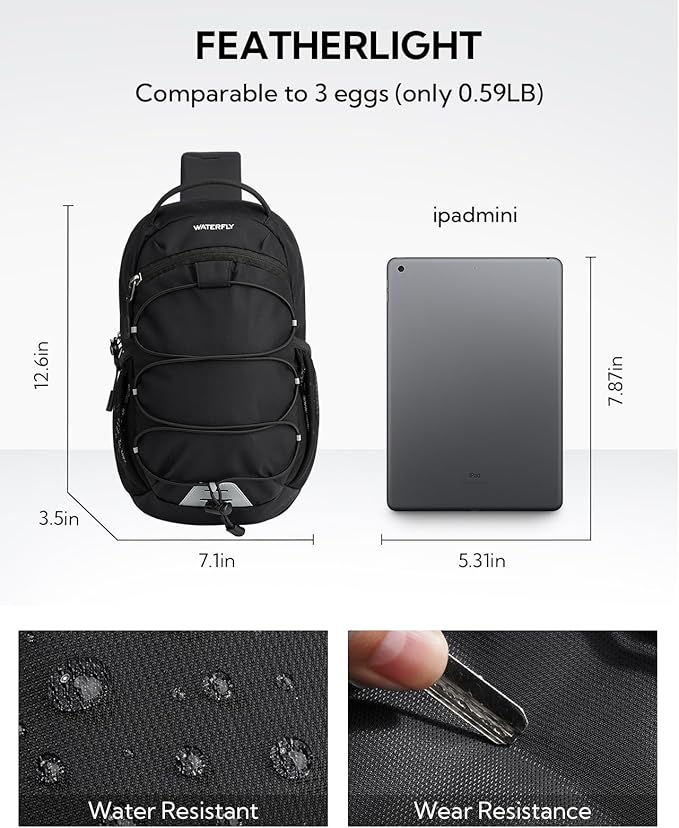 WATERFLY Small Crossbody Sling Bag: RFID Blocking Anti Theft Sling Backpack Chest Bag Travel Hiking Daypack Man Woman