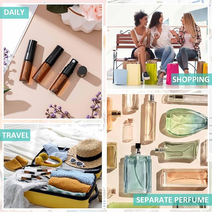 Zhehao 1 Pcs Mini Spray Bottles 3 ml Clear Glass Perfume Bottles Refillable Fine Mist Perfume Atomizer Portable Empty Sample Containers for Cleaning, Essential Oils, Travel (Amber)