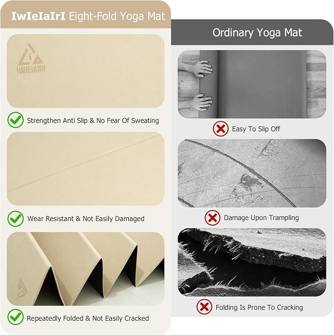 IwIeIaIrI Foldable Yoga Workout Mat with Strap– 1/4" (6MM) Thick, Lightweight, Non-Slip, 69x24" Long-Wide, POE, Portable & Easy to Store for Women Men Home Workout, Pilates, Gym, Travel, Floor Exercises