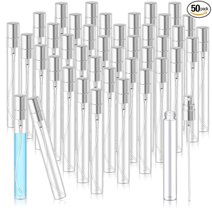 Zhehao 50 Pcs Mini Spray Bottles 10 ml Clear Glass Perfume Bottles Refillable Fine Mist Perfume Atomizer Portable Empty Sample Containers for Cleaning, Essential Oils, Travel (Silver Cap)