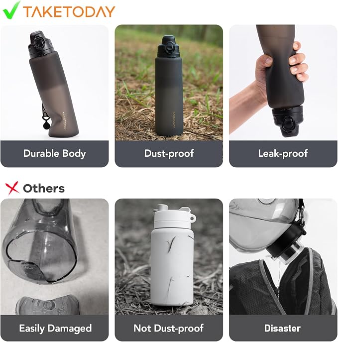 TakeToday Collapsible Water Bottles 32oz Black and 20oz Black, Foldable Travel Water Bottle with Strap, BPA Free, Silicone Water Bottle Leakproof for Hiking, International Travel, Outdoors