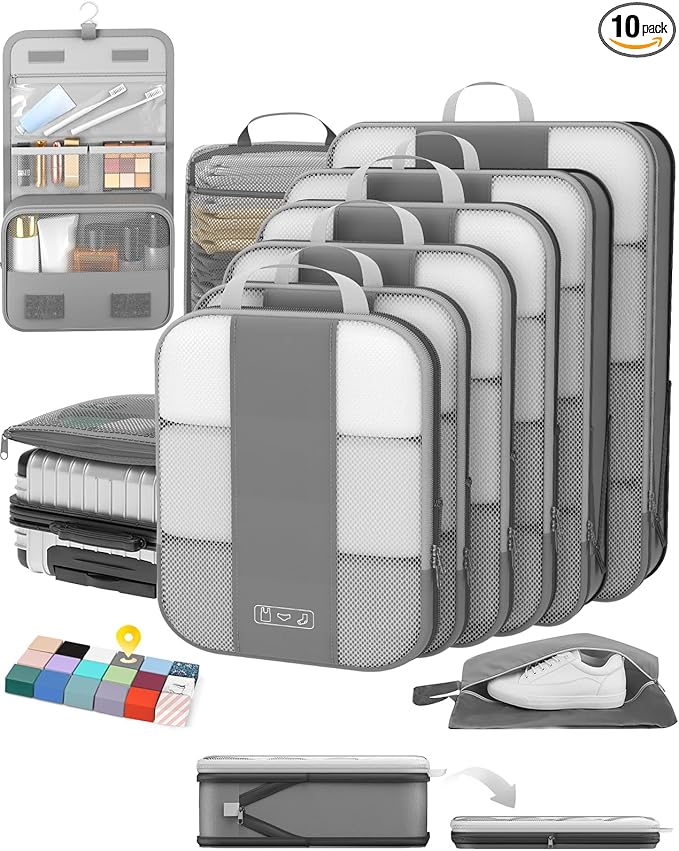 10 Set Compression Packing Cubes for Travel Essentials,Compressible Expandable Packing Cubes for Suitcase,OlarHike Luggage Garment Bags for Travel,Handy Helper for Organizing Clothes(Gray)