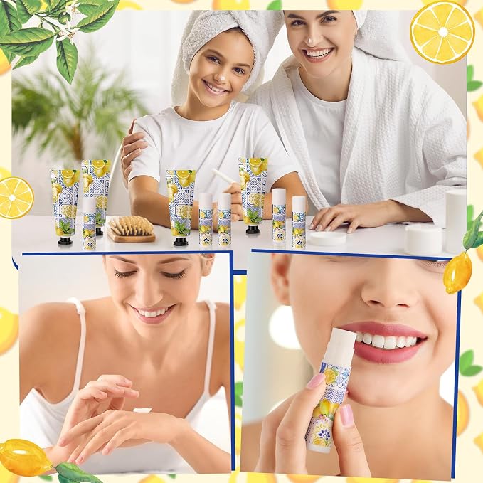 48 Set Capri Lemon Party Favors Bulk Italian Lemon Hand Cream and Lip Balm Gifts for Bridal Baby Shower Party Travel Size Lemonade Hand Lotion Lip Balm Set with Bag Tag for Guest Gender Reveal