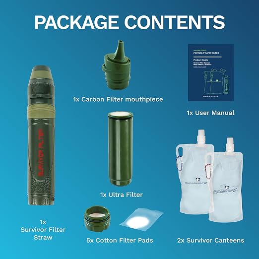 Survivor Filter Squeeze Kit – Emergency Water Filter Straw with 2 Collapsible 33.8 fl oz Bottles – USA-Tested – 0.05 Micron Filtration – Portable Water Filtration for Emergency Prep, Camping & Hiking