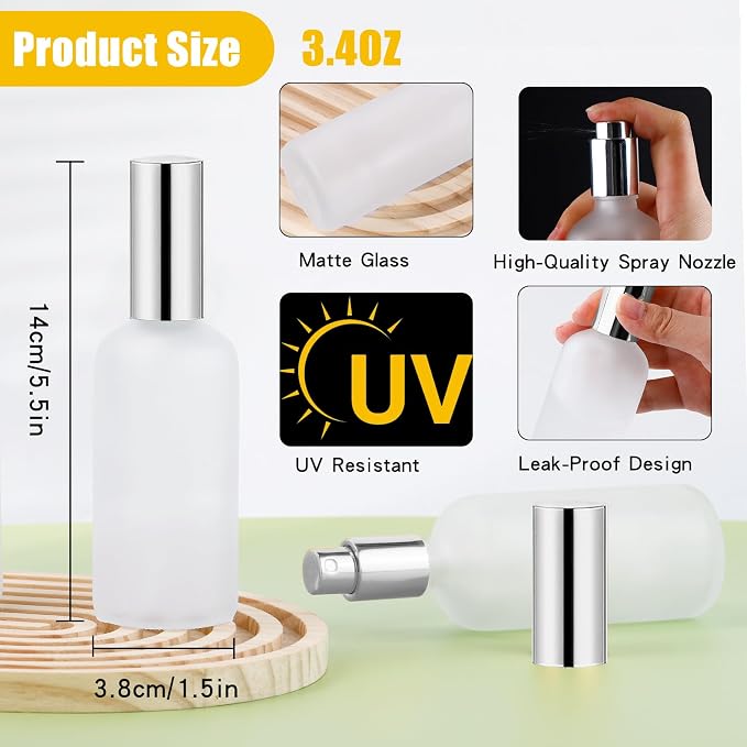 30 Pcs Glass Spray Bottle, 3.4 oz/100 ml Frosted Glass Spray Bottles, Perfume Empty Bottles, Refillable Container for Perfume, Clear Bottle with Sliver Fine Mist Sprayer for Face Body Travel