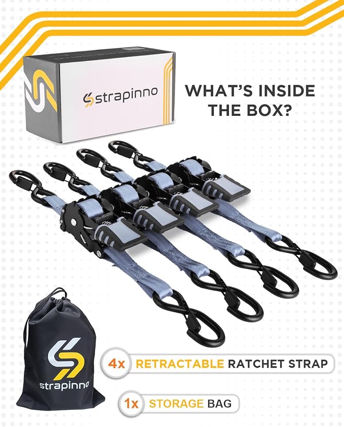 Strapinno 4pcs Retractable Ratchet Straps Bundle 1in x 6ft Ratchet Tie Down with Rubber Coated Steel Handle, S Hooks, Breaking Strength 1500 lbs Each (Grey)