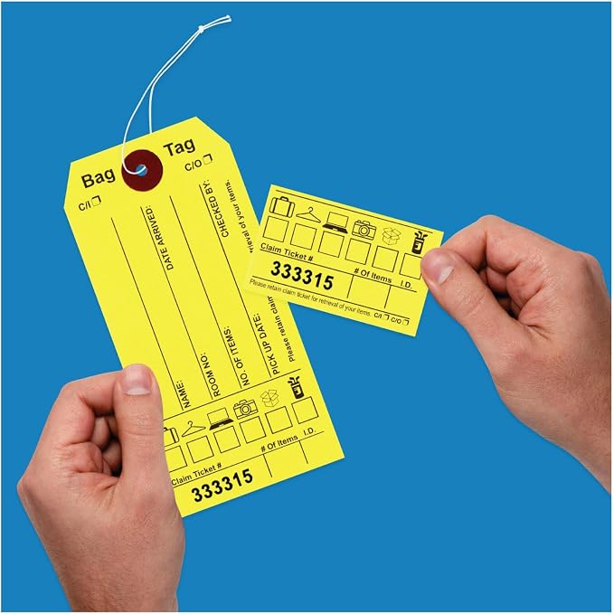 1000 Luggage Claim Tags with String Attached, Consecutively Numbered, with Luggage Images, Bag Stickers, Claim Ticket - Bag Tags for Hotel and Motel Bag Storage. Size: 6 3/4" (H) x 2 1/2" (W).