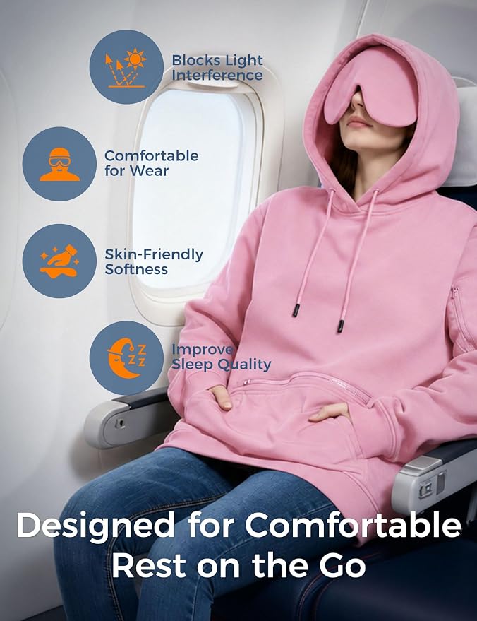 Travel Hoodie with Built-In Eye Mask for Airplane Travel Breathable Comfort Pullover Sweatshirt Multiple Pockets