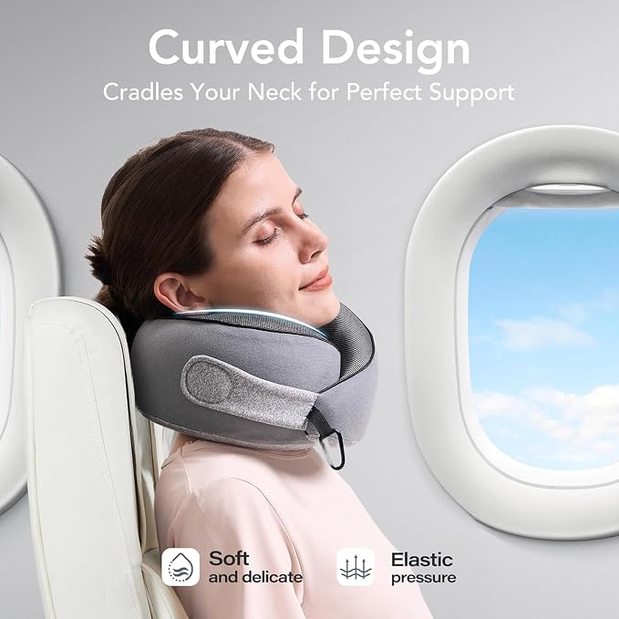 KPNEOL Travel Pillow, 100% Pure Memory Foam Travel Neck Pillow Airplane Neck Support Ergonomic Design for Traveling Suitable for Airplanes,Offices-Grey-Small Size