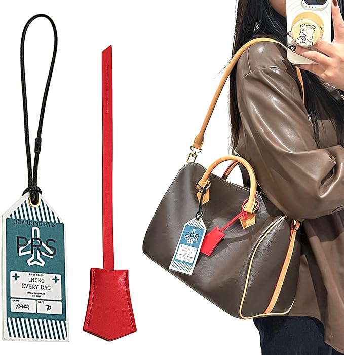 Genuine Leather Bag Charm Decorative Hang Tag & Boarding Pass Keychain for Speedy 25 30 35,Luggage Tag, Suitcase Tags(TAG+Pass-RED)