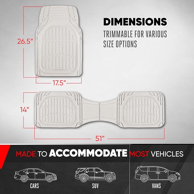 Motor Trend FlexTough LITE Rubber Car Mats Full Set - All Weather White Floor Mats for Trucks, Cars & SUVs - Automotive White Car Floor Mats for Cars Interior Accessories Universal Trim-to-Fit